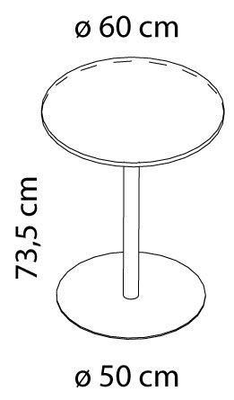 Sch&eacute;ma de la table Pabat moyenne, plateau &Oslash;60 cm, base &Oslash;50 cm, hauteur 73,5 cm