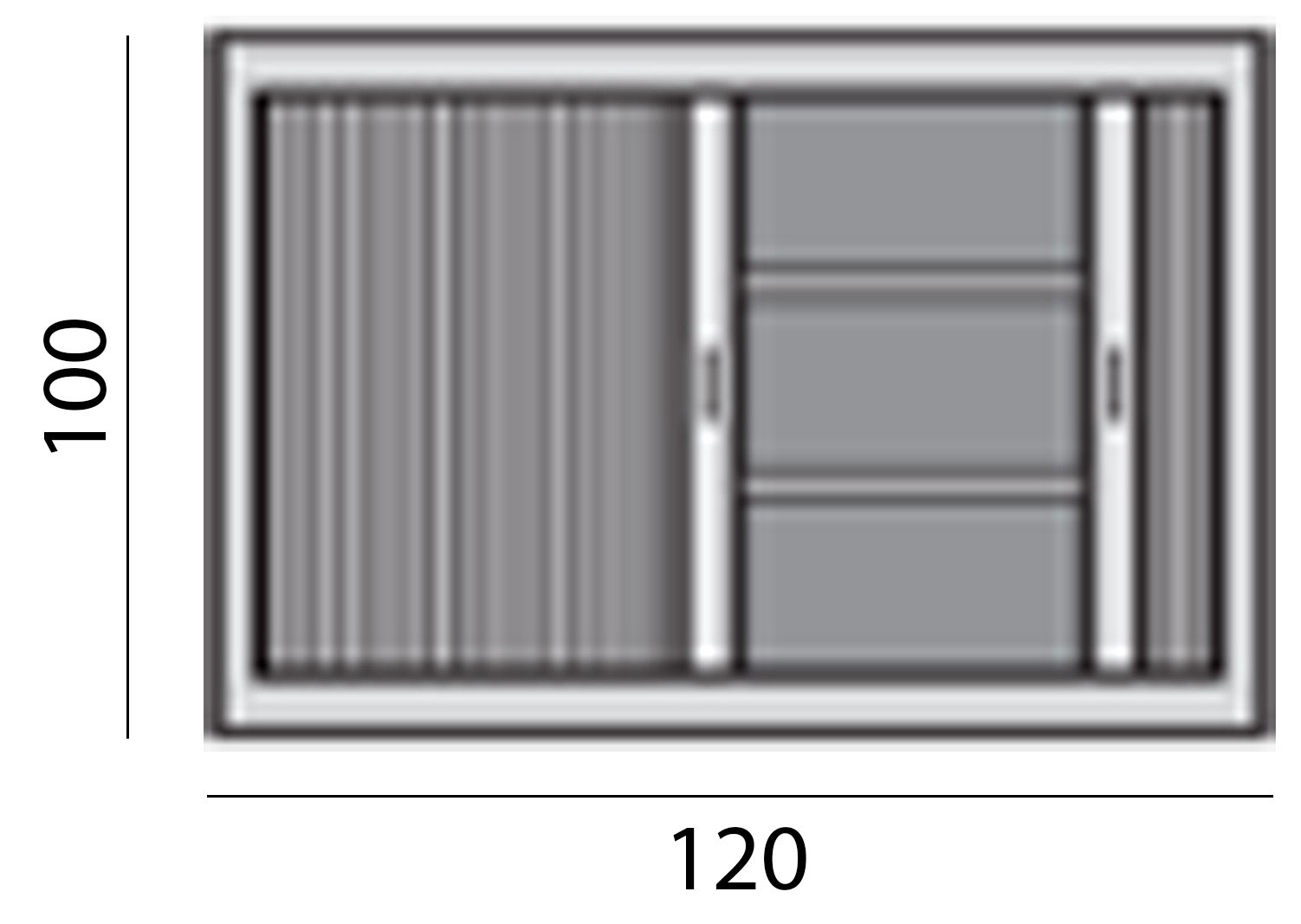 Schéma de l'armoire Padirac basse à rideaux, cotes : largeur 120 cm et hauteur 100 cm
