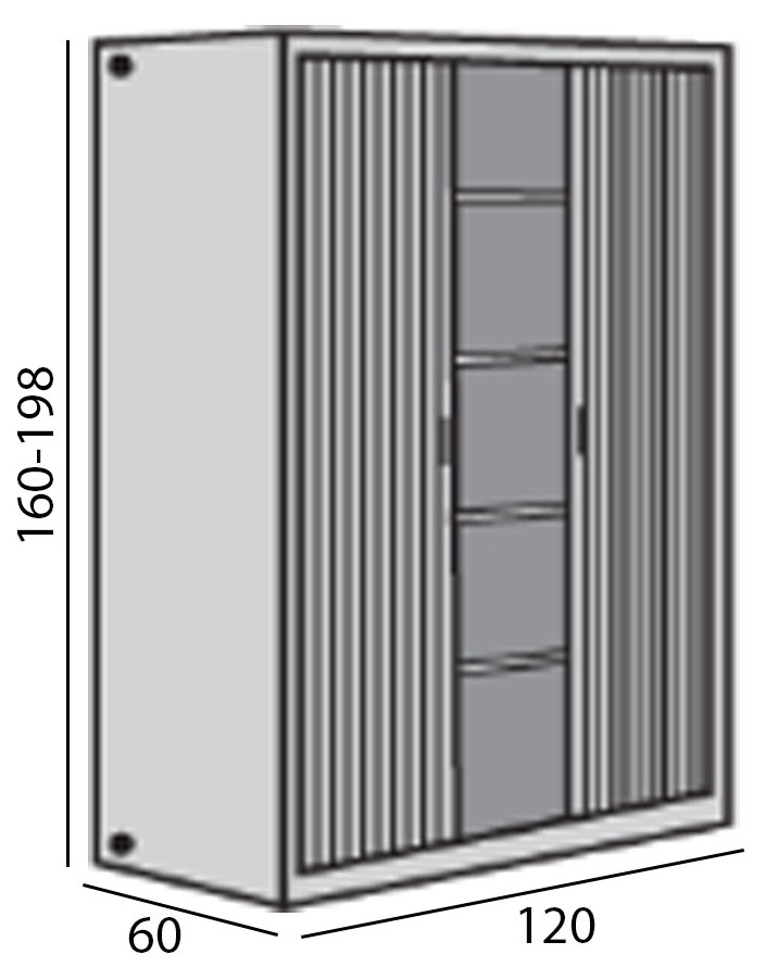 Schéma de l'armoire Padirac haute à rideaux, cotes : largeur 120 cm, profondeur 60 cm, hauteur 160-198 cm