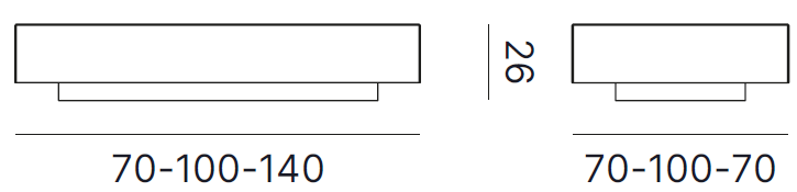 Sch&eacute;ma du banc Paglia, largeurs disponibles 70, 100 et 140 cm, hauteur 26 cm