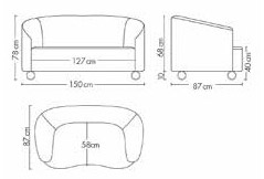 Sch&eacute;ma du canap&eacute; Paravani 2 places sur roulettes, largeur 150 cm, hauteur 78 cm, assise 40 cm