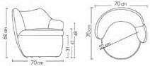 Sch&eacute;ma du fauteuil Paravani, cotes : largeur 70 cm, profondeur 70 cm, hauteur 68 cm, assise 41 cm