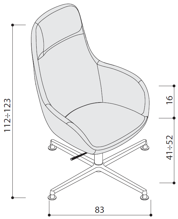 Sch&eacute;ma du fauteuil Passirio dossier haut pivotant sur &eacute;toile &agrave; roulettes, hauteur 112-123 cm, largeur 83 cm