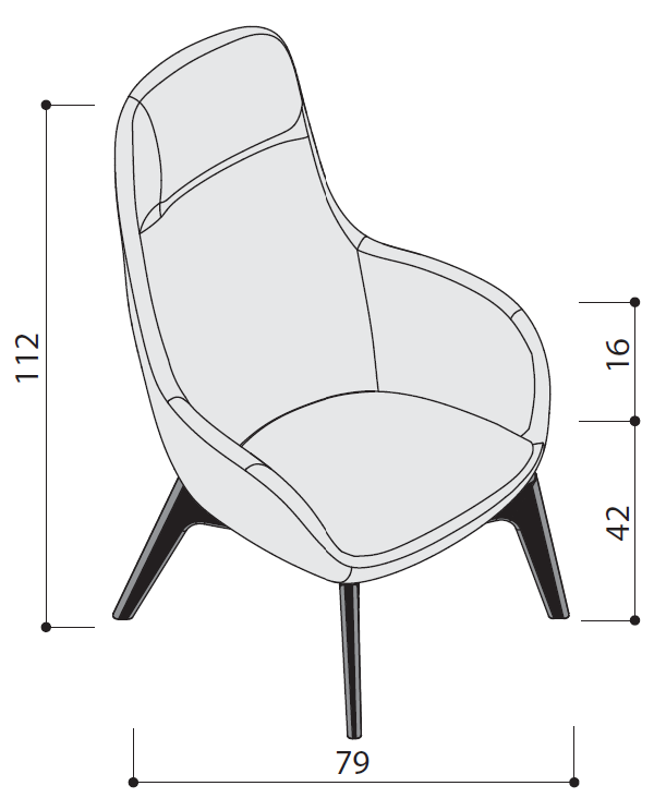 Sch&eacute;ma du fauteuil Passirio dossier haut sur 4 pieds bois, largeur 79 cm, hauteur 112 cm, assise 42 cm