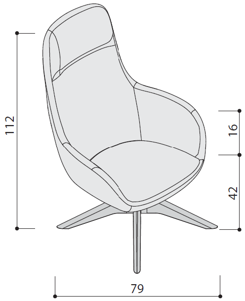 Sch&eacute;ma du fauteuil Passirio dossier haut pivotant sur pi&eacute;tement &eacute;toile, largeur 79 cm, hauteur 112 cm