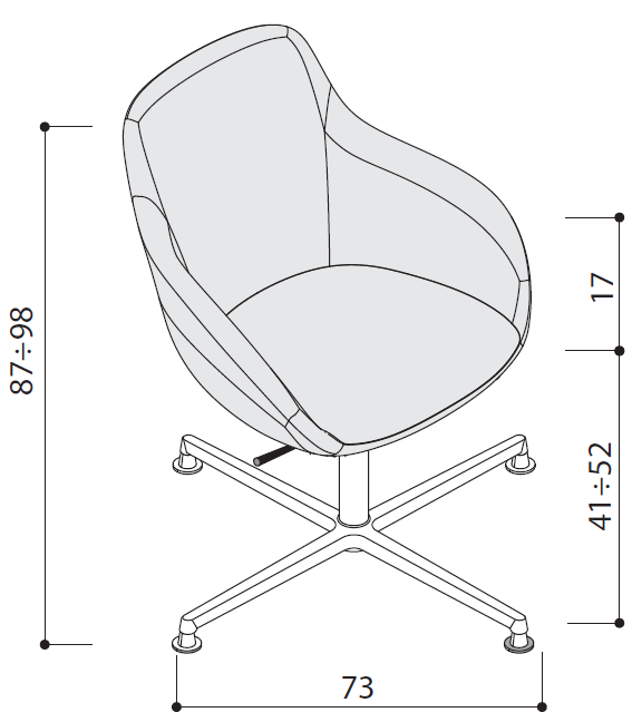 Sch&eacute;ma du fauteuil Passirio pivotant sur pi&eacute;tement &eacute;toile, hauteur 87-98 cm, assise 41-52 cm
