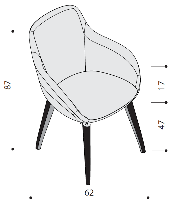 Sch&eacute;ma du fauteuil Passirio sur 4 pieds bois, cotes : largeur 62 cm, hauteur 87 cm, assise 47 cm