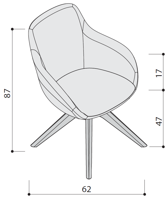 Sch&eacute;ma du fauteuil Passirio pivotant sur pi&eacute;tement &eacute;toile, largeur 62 cm, hauteur 87 cm, assise 47 cm
