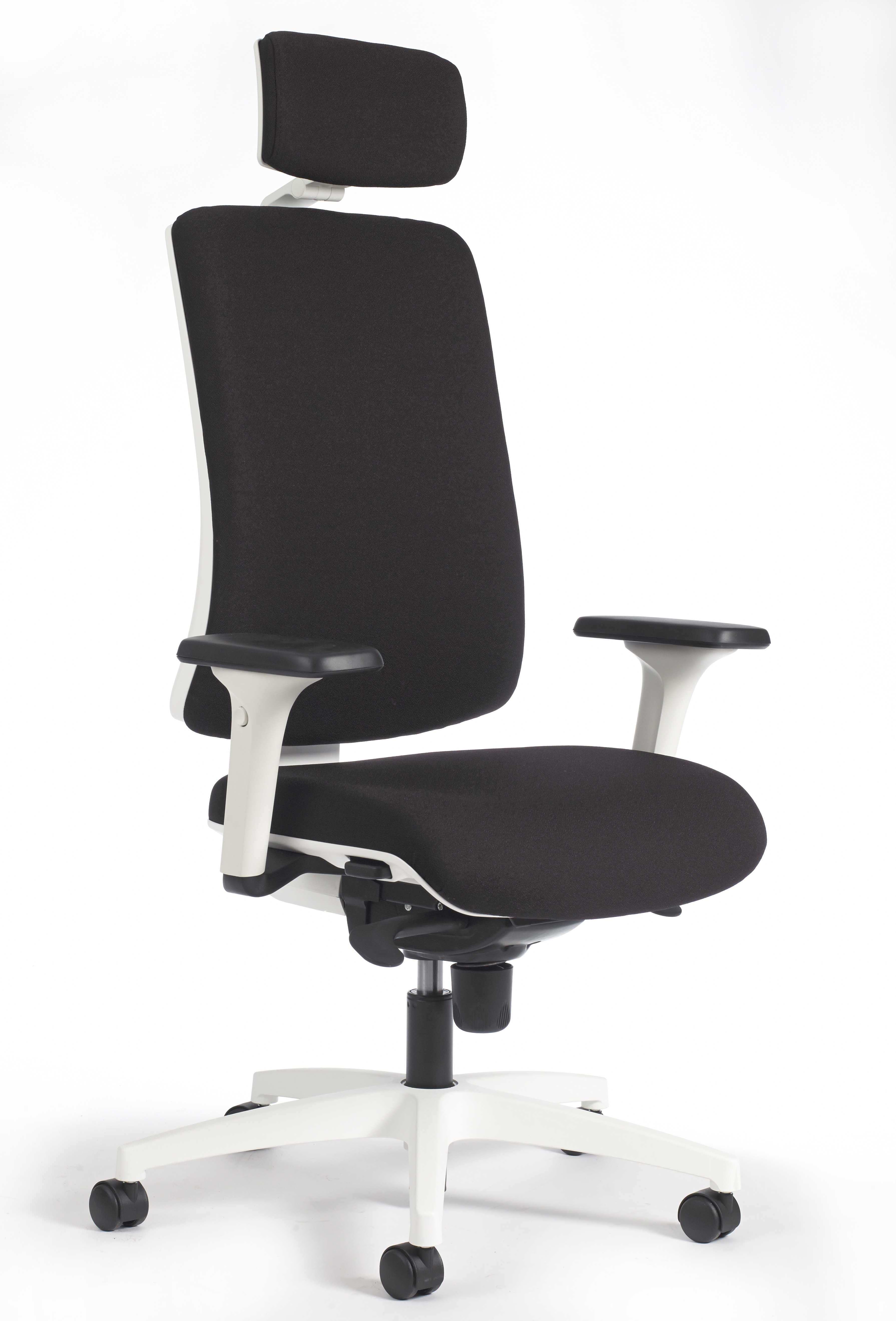 Siège de bureau Patea dossier haut avec appui-tête, tissu noir, piétement blanc à roulettes