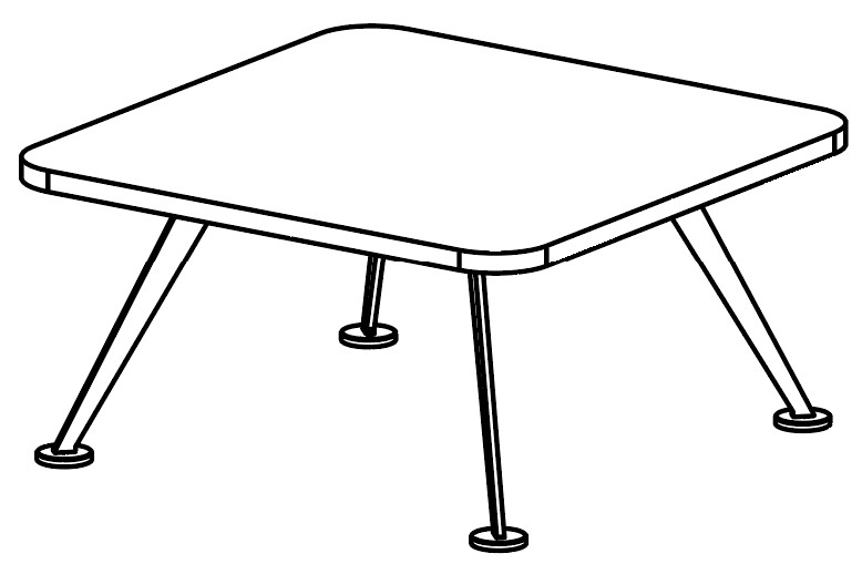 Sch&eacute;ma de la table carr&eacute;e arrondie Peyto, pi&eacute;tement 4 pieds m&eacute;tal fusel&eacute;s