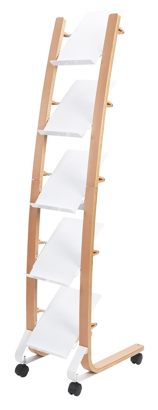 Pr&eacute;sentoir mobile design Rabou blanc et bois, petit mod&egrave;le, sur roulettes