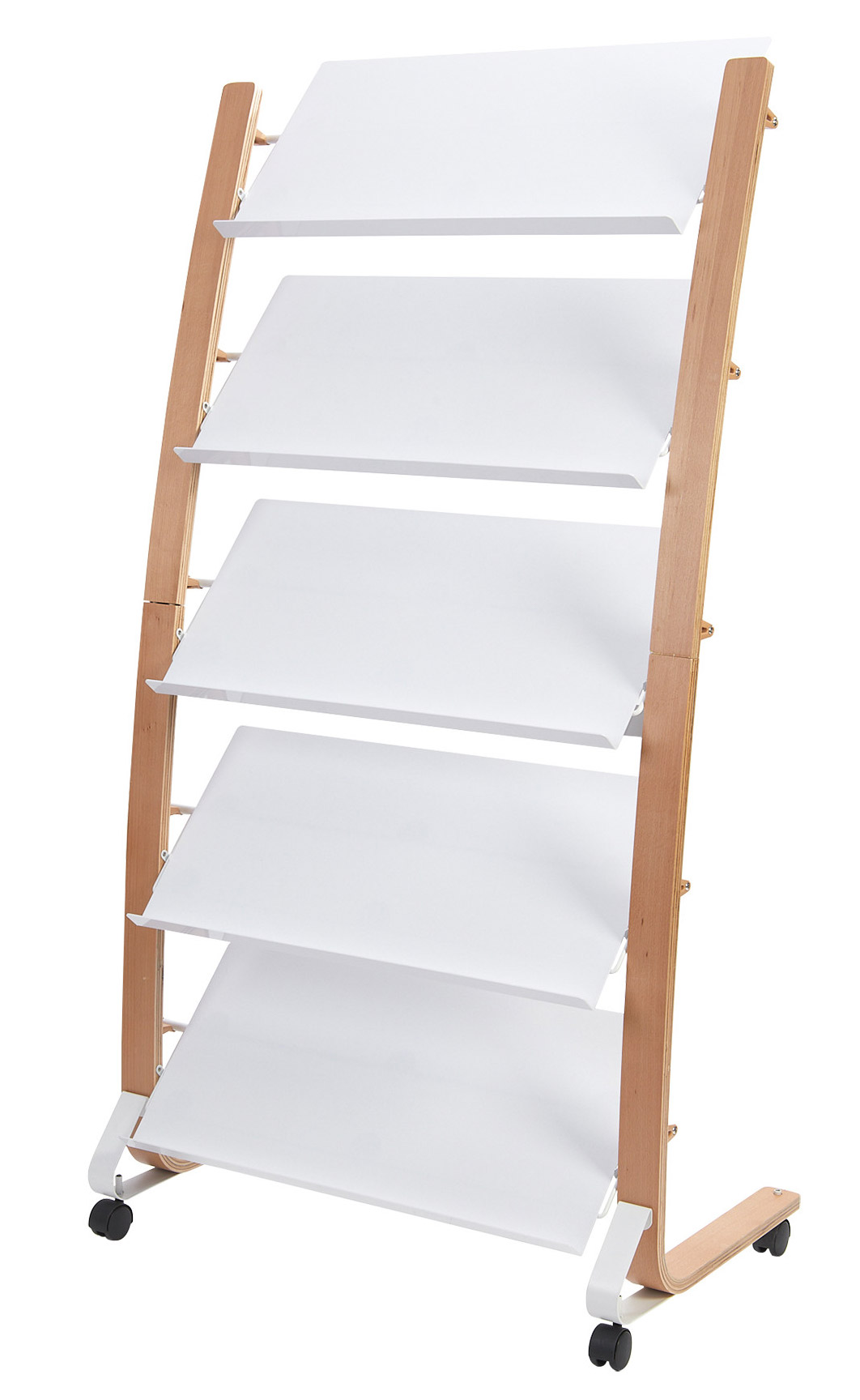 Pr&eacute;sentoir mobile design Rabou grand mod&egrave;le, tablettes blanches et bois, sur roulettes