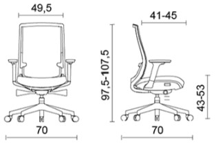 Sch&eacute;ma du si&egrave;ge Regino &agrave; dossier r&eacute;sille pivotant, hauteur 97,5-107,5 cm, assise 43-53 cm, largeur 49,5 cm