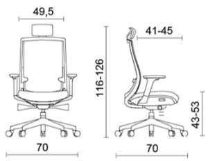 Sch&eacute;ma du si&egrave;ge Regino avec appui-t&ecirc;te, hauteur 116-126 cm, assise 43-53 cm, largeur 49,5 cm