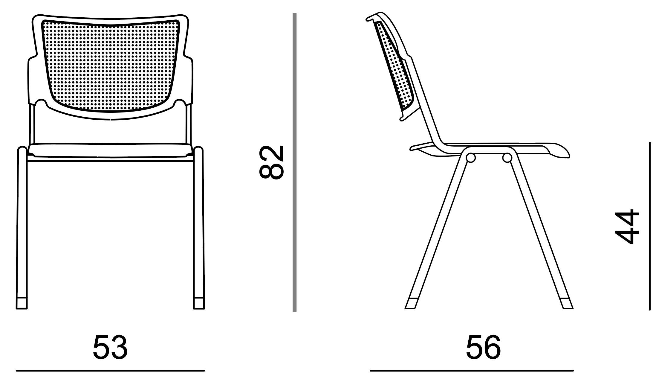 Schéma de la chaise Risoul empilable à dossier résille, largeur 53 cm, hauteur 82 cm, assise 44 cm