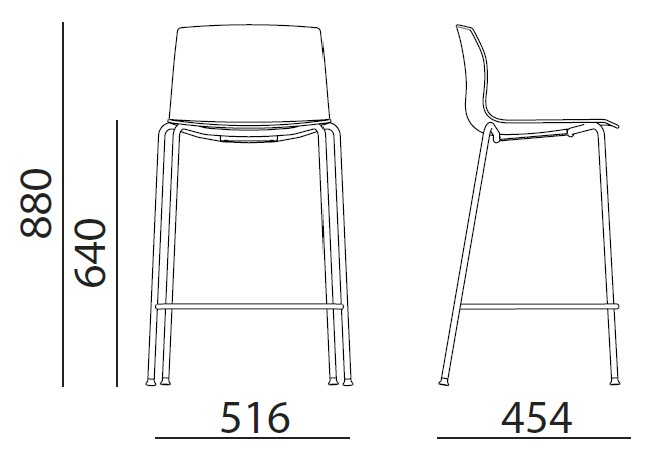 Sch&eacute;ma du tabouret Riva mi-hauteur sur 4 pieds, hauteur 88 cm, assise 64 cm, largeur 51,6 cm