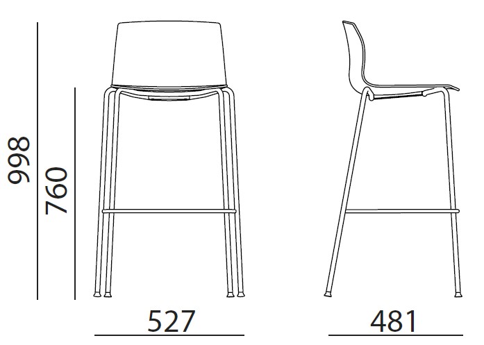 Sch&eacute;ma du tabouret Riva haut sur 4 pieds, hauteur 99,8 cm, assise 76 cm, largeur 52,7 cm