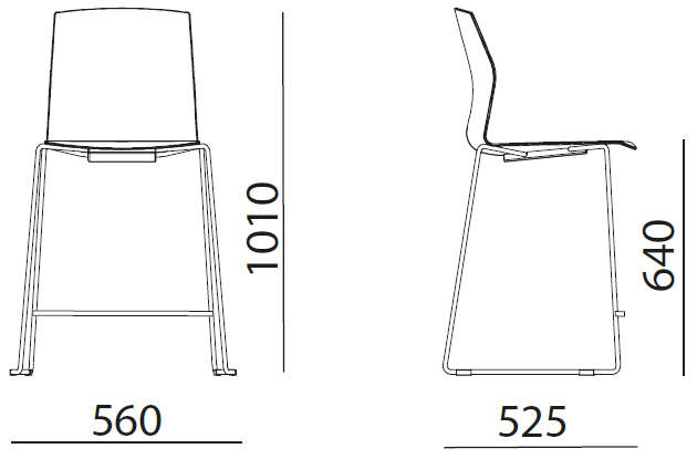 Sch&eacute;ma du tabouret Riva mi-hauteur sur pi&eacute;tement luge, hauteur 101 cm, assise 64 cm, largeur 56 cm