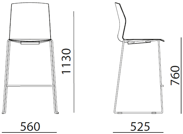 Sch&eacute;ma du tabouret Riva haut sur pi&eacute;tement luge, hauteur 113 cm, assise 76 cm, largeur 56 cm
