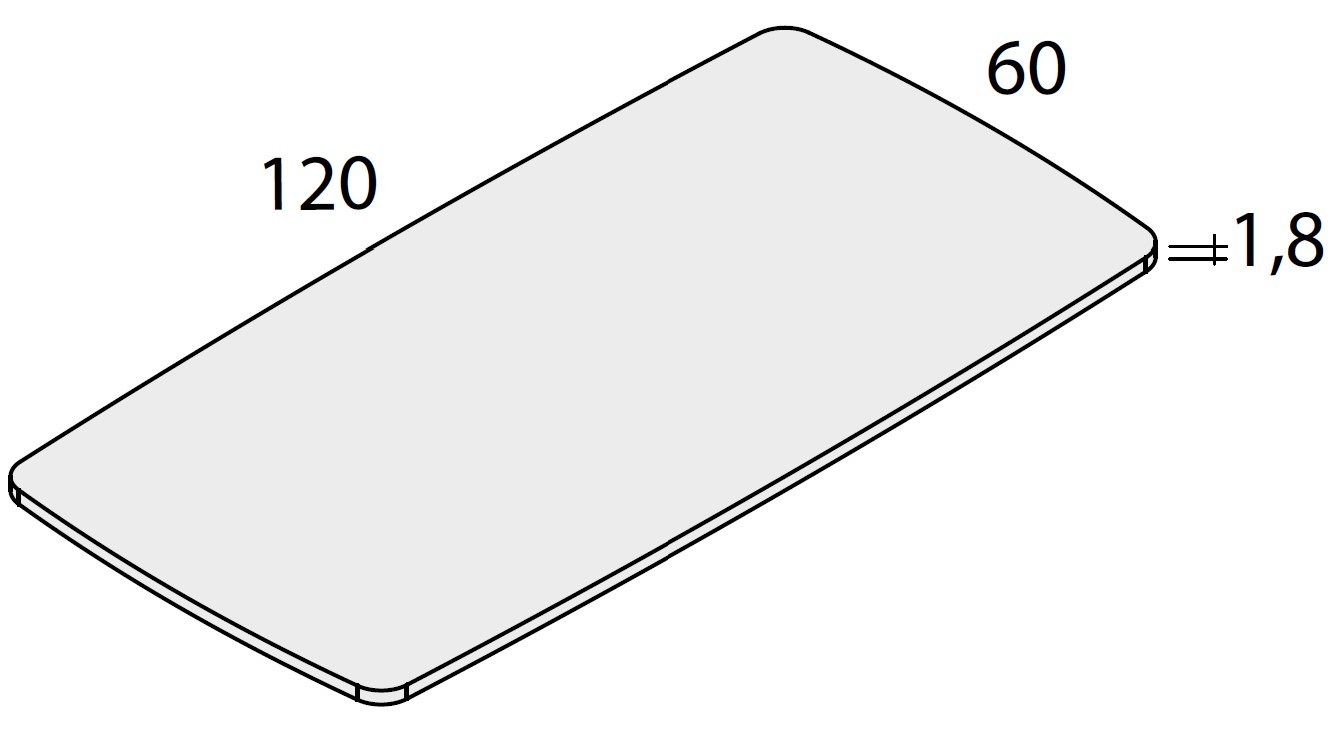 Schéma du plateau Rosa rectangulaire arrondi en bois, 120 x 60 cm, épaisseur 1,8 cm