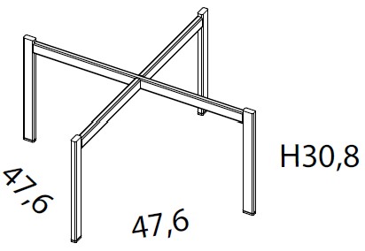Schéma du piétement Rosa carré, cotes : 47,6 x 47,6 cm et hauteur 30,8 cm