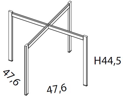 Schéma du piétement Rosa carré, cotes : 47,6 x 47,6 cm et hauteur 44,5 cm