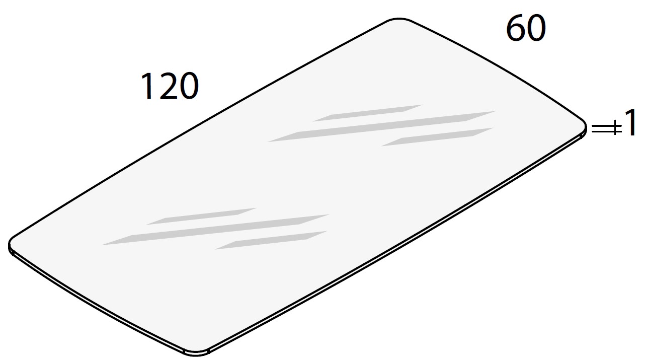 Schéma du plateau Rosa rectangulaire arrondi en verre, 120 x 60 cm, épaisseur 1 cm