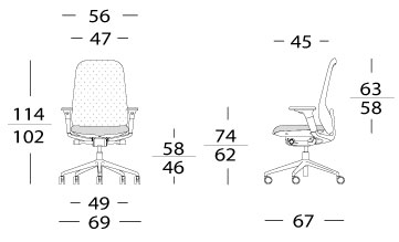 Sch&eacute;ma du si&egrave;ge op&eacute;ratif Sabor, hauteur 102-114 cm, assise 46-58 cm, largeur 56 cm