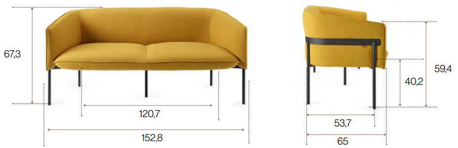 Schéma du canapé Salto 2 places, cotes : largeur 152,8 cm, hauteur 67,3 cm, assise 40,2 cm