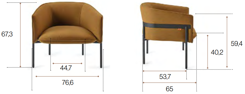 Schéma de la chauffeuse Salto, cotes : largeur 76,6 cm, hauteur 67,3 cm, assise 40,2 cm