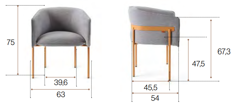 Schéma du fauteuil Salto, cotes : largeur 63 cm, profondeur 54 cm, hauteur 75 cm, assise 47,5 cm