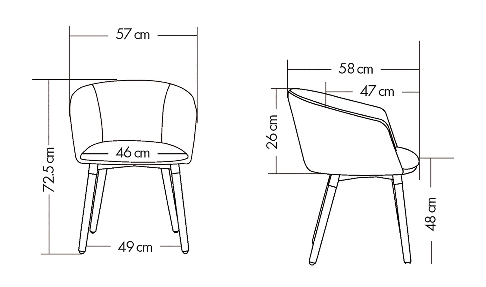 Schéma du fauteuil Samsari sur 4 pieds bois, largeur 57 cm, profondeur 58 cm, hauteur 72,5 cm, assise 48 cm