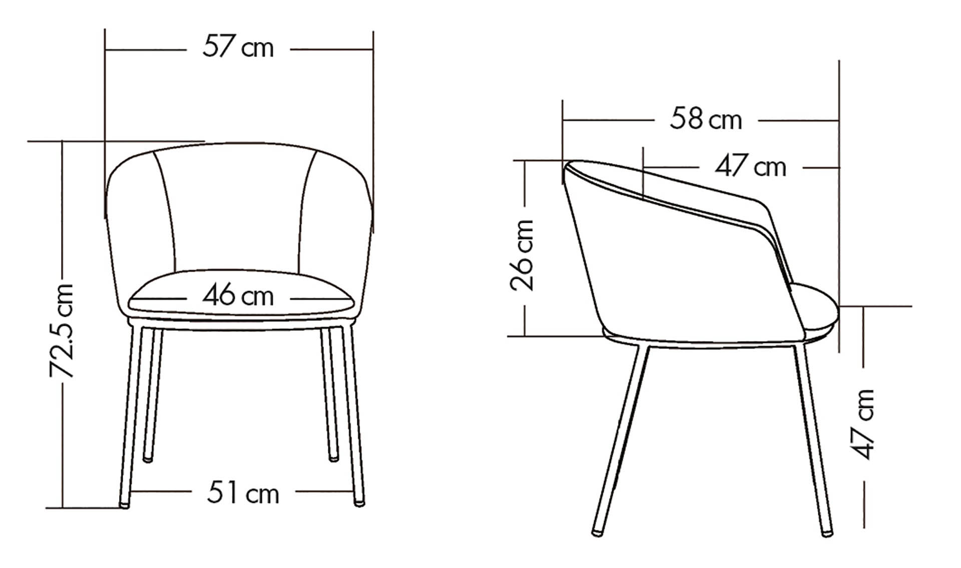 Schéma du fauteuil Samsari sur 4 pieds métal, largeur 57 cm, profondeur 58 cm, hauteur 72,5 cm, assise 47 cm