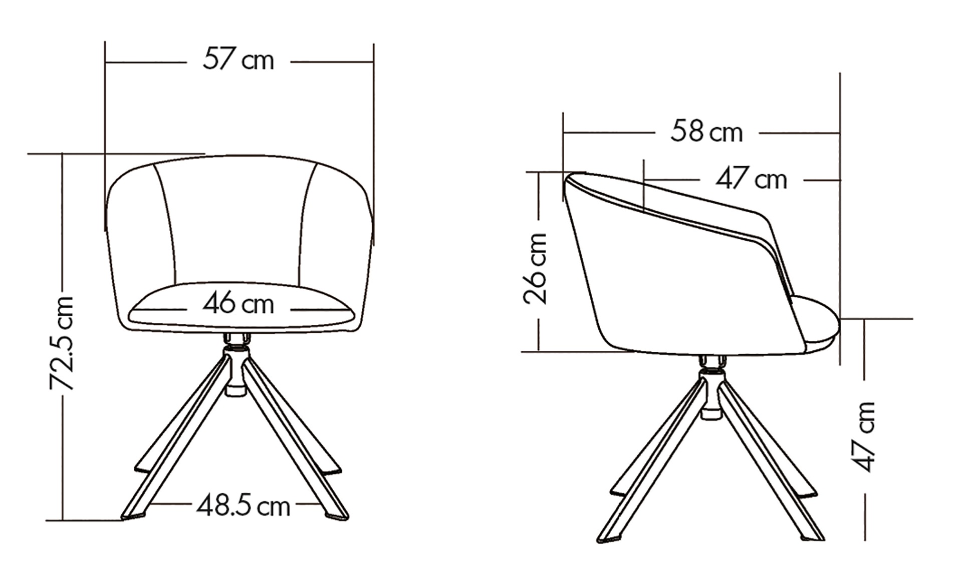 Sch&eacute;ma du fauteuil Samsari Meet sur pi&eacute;tement pyramidal pivotant, largeur 57 cm, hauteur 72,5 cm