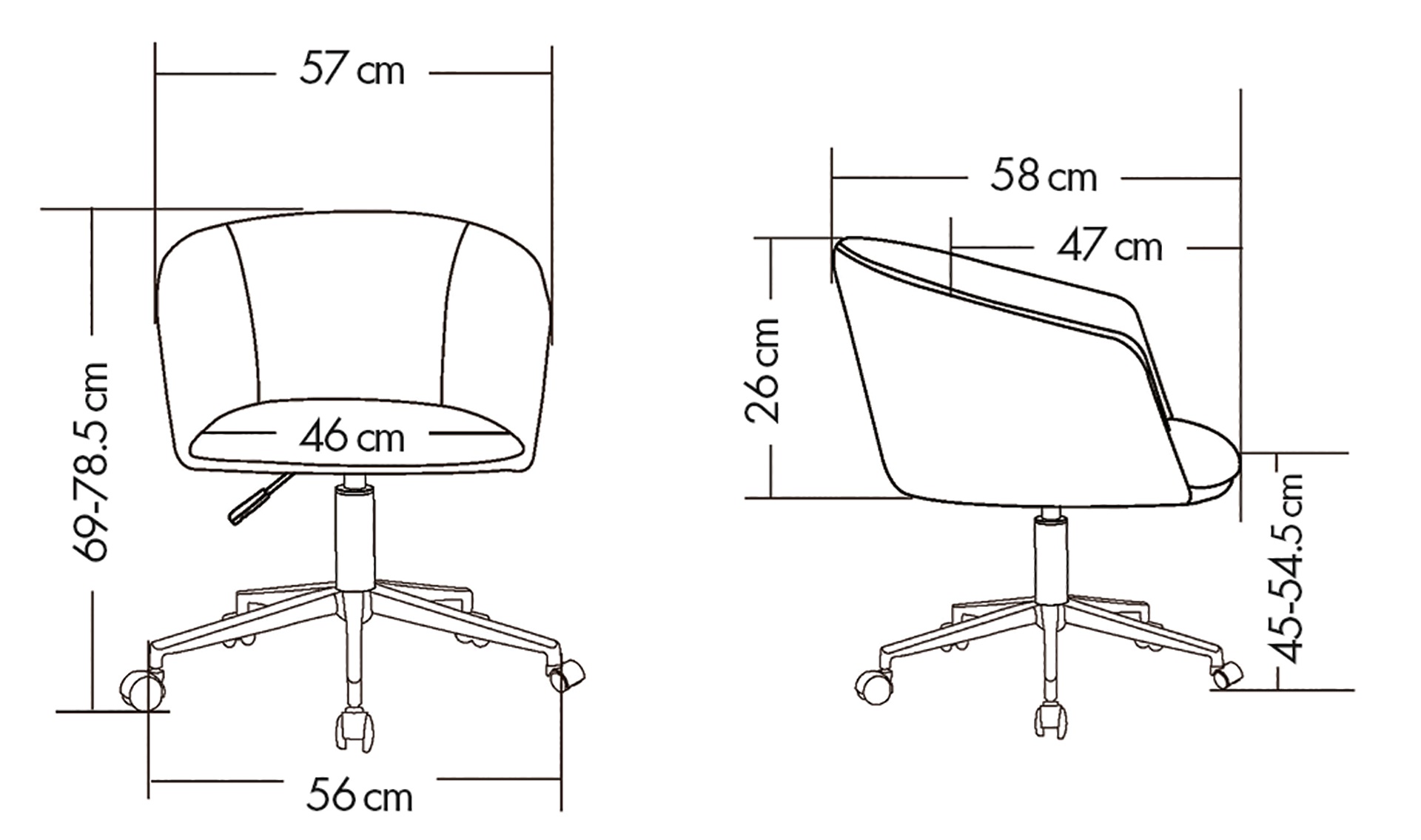 Sch&eacute;ma du fauteuil Samsari Meet sur pi&eacute;tement &agrave; roulettes, hauteur 69-78,5 cm, assise 45-54,5 cm