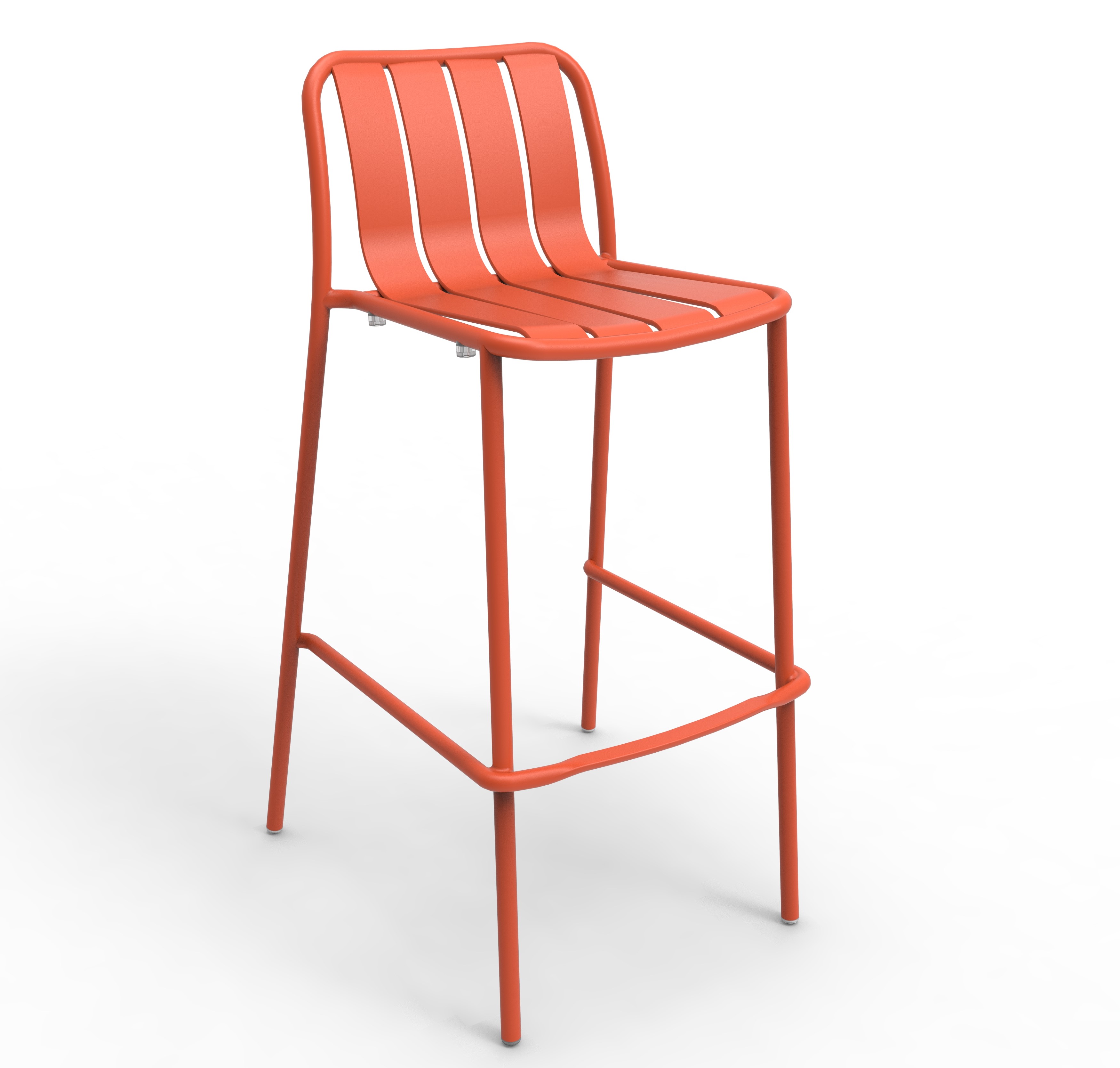 Tabouret haut Saona en métal corail à lattes, avec dossier