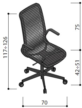Sch&eacute;ma du si&egrave;ge op&eacute;ratif Satima &agrave; dossier r&eacute;sille haut, hauteur 117-126 cm, assise 42-51 cm