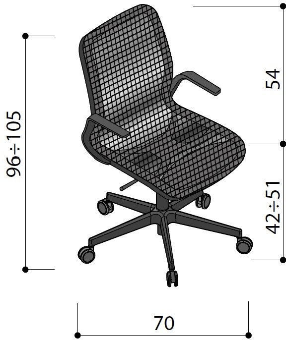 Sch&eacute;ma du si&egrave;ge op&eacute;ratif Satima &agrave; dossier r&eacute;sille moyen, hauteur 96-105 cm, assise 42-51 cm