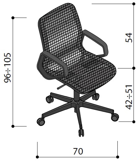 Sch&eacute;ma du si&egrave;ge Satima &agrave; dossier r&eacute;sille avec accoudoirs sur roulettes, hauteur 96-105 cm, assise 42-51 cm
