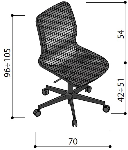 Sch&eacute;ma du si&egrave;ge Satima &agrave; dossier r&eacute;sille sans accoudoirs sur roulettes, hauteur 96-105 cm, assise 42-51 cm
