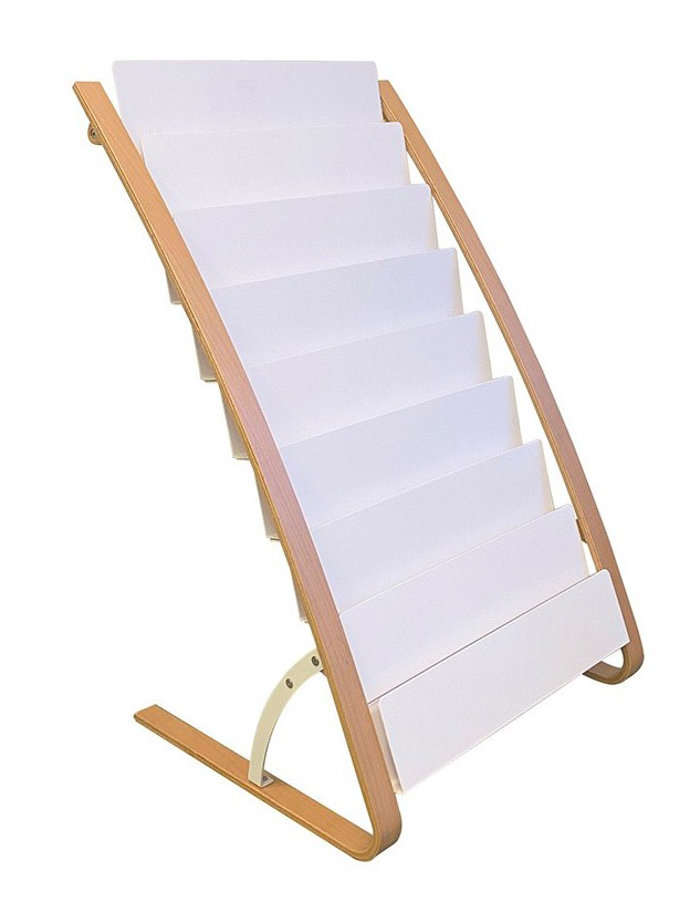Pr&eacute;sentoir de sol Saume &agrave; 8 compartiments, bois et blanc