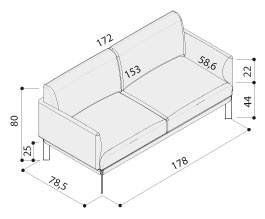 Schéma du canapé Saxo 2 places, cotes : largeur 172 cm, profondeur 78,5 cm, hauteur 80 cm, assise 44 cm