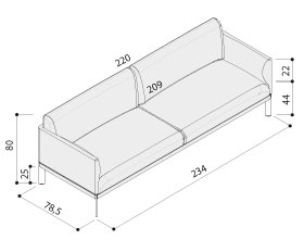 Schéma du canapé Saxo 3 places, cotes : largeur 234 cm, profondeur 78,5 cm, hauteur 80 cm, assise 44 cm