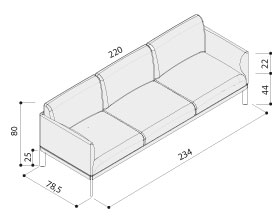 Schéma du canapé Saxo 3 places, cotes : largeur 234 cm, profondeur 78,5 cm, hauteur 80 cm, assise 44 cm