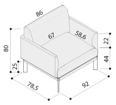 Schéma du fauteuil Saxo, cotes : largeur 92 cm, profondeur 78,5 cm, hauteur 80 cm, assise 44 cm