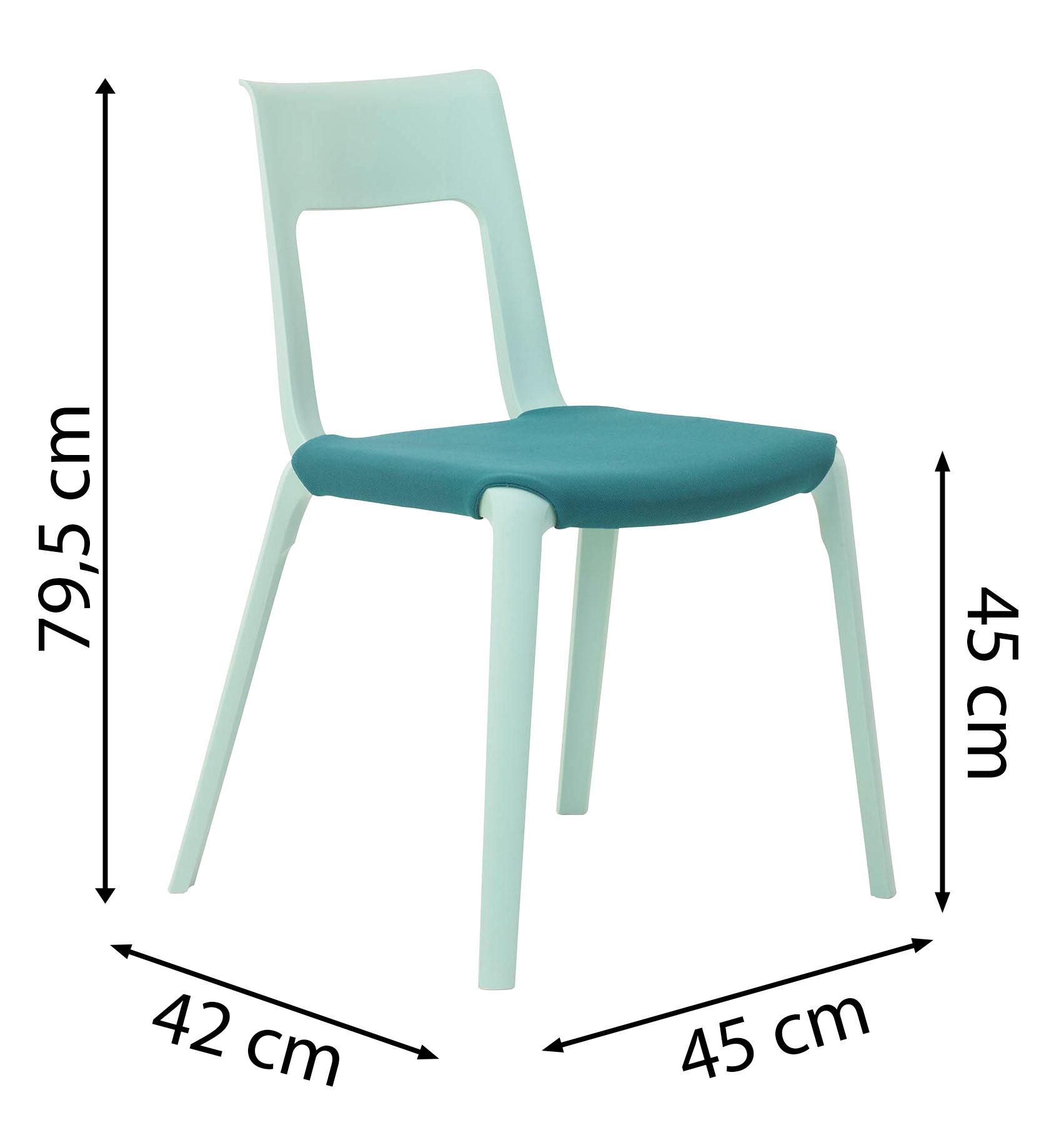 Schéma de la chaise Scorno à assise tapissée, cotes : largeur 45 cm, hauteur 79,5 cm, assise 45 cm