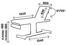 Schéma technique divan d'examen Simplex : longueur 1240 mm, hauteur 480-880 mm, dossier 0°/70°
