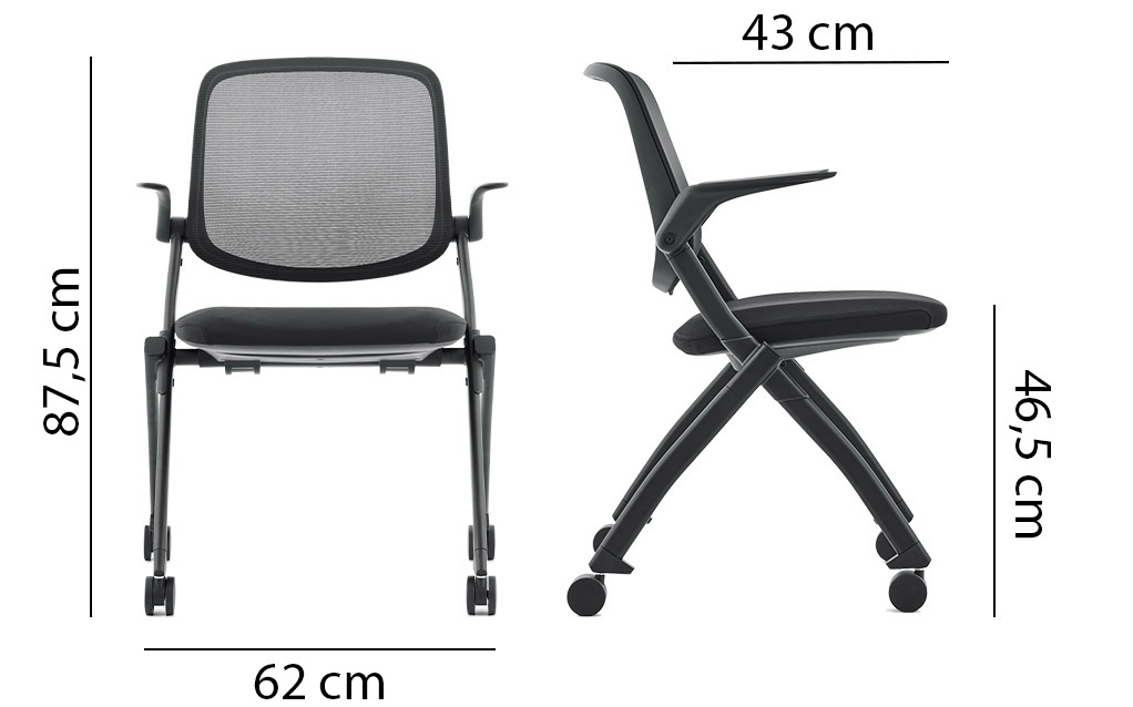 Sch&eacute;ma de la chaise Soliat pliante avec accoudoirs sur roulettes, largeur 62 cm, hauteur 87,5 cm