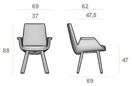 Schéma du fauteuil Sotara grand modèle, cotes : largeur 69 cm, profondeur 62 cm, hauteur 88 cm, assise 47 cm