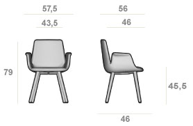 Schéma du fauteuil Sotara petit modèle, cotes : largeur 57,5 cm, profondeur 56 cm, hauteur 79 cm, assise 45,5 cm